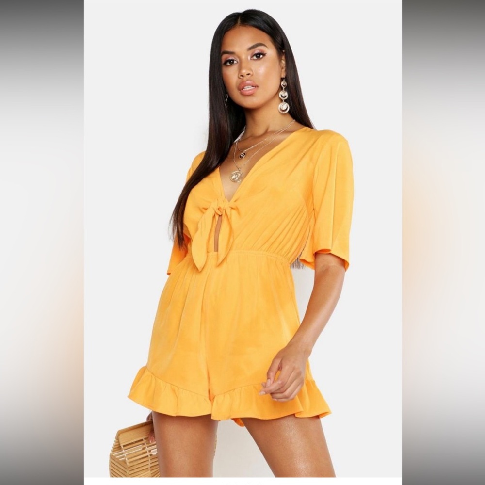 Orange Ruffled Tie-Front Romper